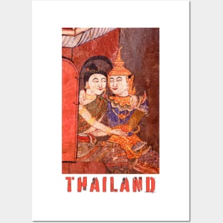 Antique Thai colorful temple mural of a young couple embracing in traditional period ceremonial clothing with the word Thailand featuring under the image. Posters and Art